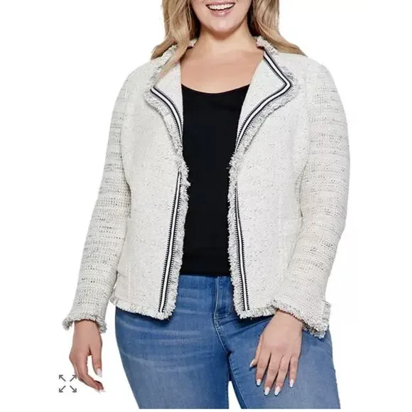 VGUC NIC+ZOE Plus Ribbon Trim Fringe Jacket Cream Navy Waffle size 3X READ - Picture 1 of 14